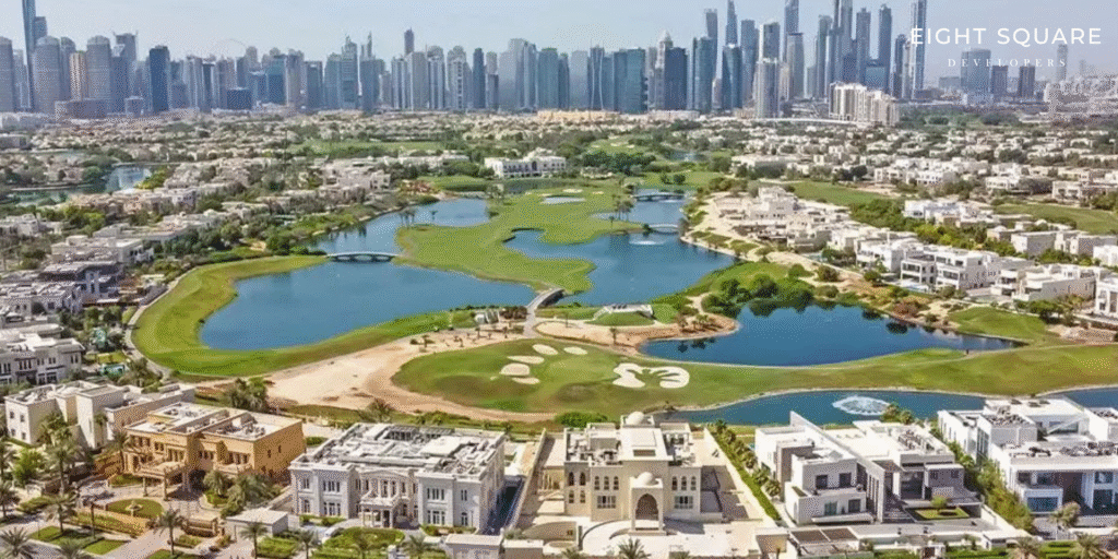 Villas in Dubai inside a gated community with green spaces and family amenities