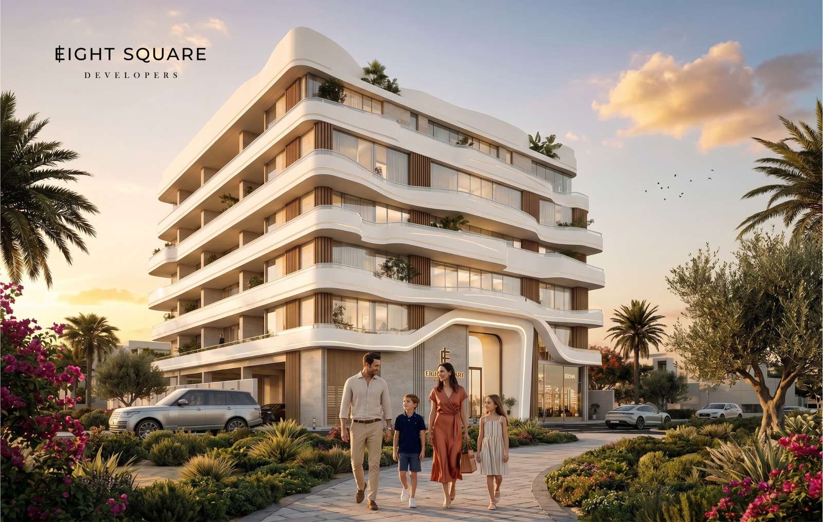Sophisticated international family walking through a lush residential community, representing the massive influx of new Dubai residency permits 2026.